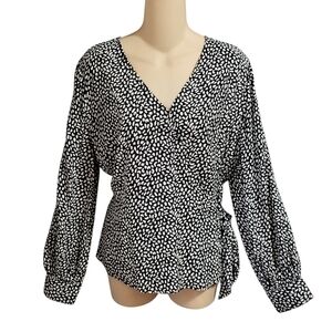 Talbots Wrap Tie Blouse Top Petites L LP Black White Dot Career Office Classic